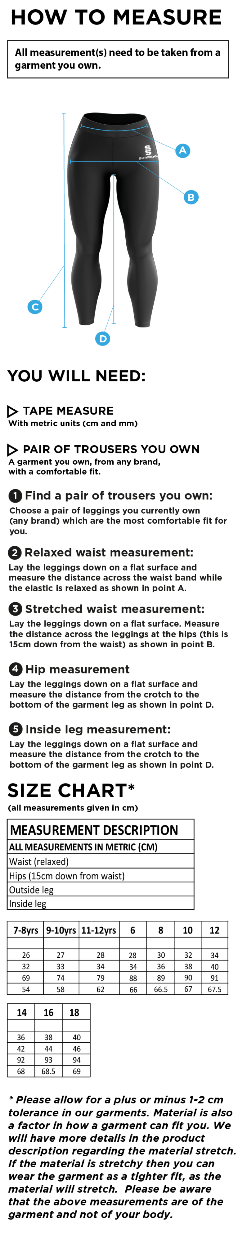 Ladies Leggings - Size Guide