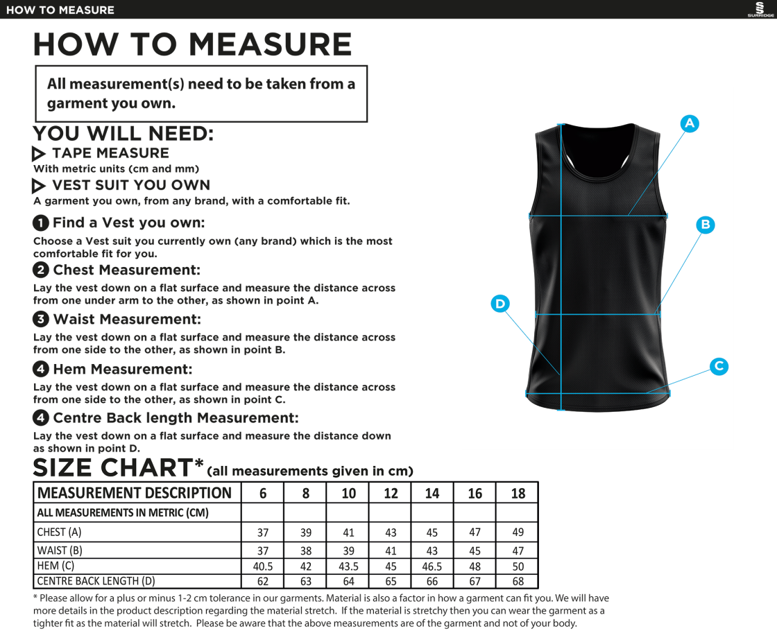 Ladies Lightweight Racer Back Vest - Size Guide