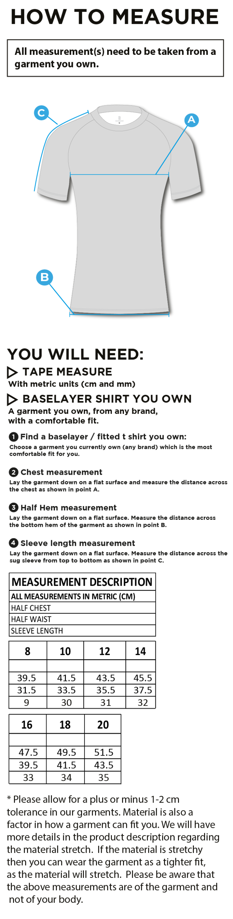 Ladies Short Sleeve Baselayer - Size Guide