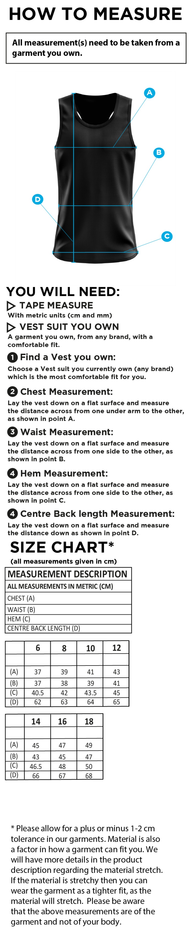 Ladies Lightweight Racer Back Vest - Size Guide