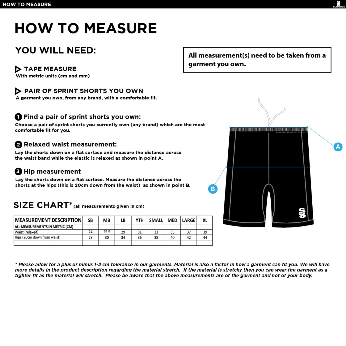 Mens Pocketed Shorts - Size Guide