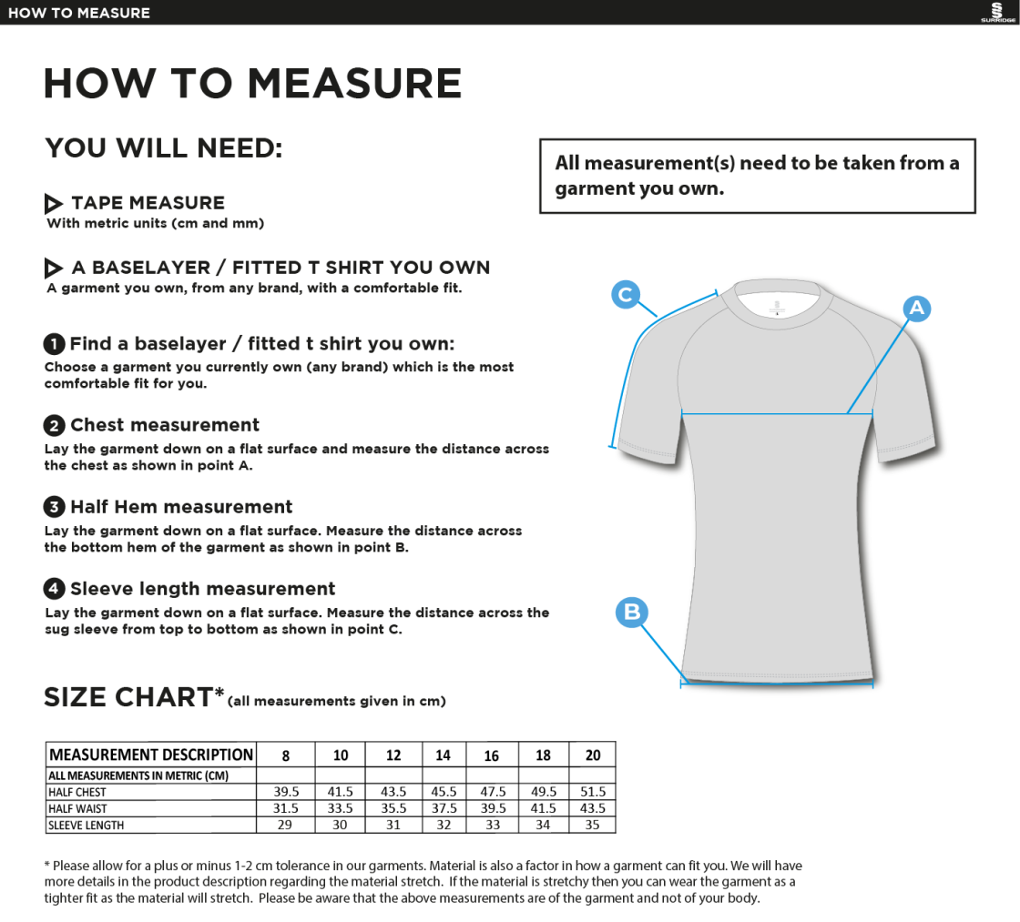 Ladies Short Sleeve Baselayer - Size Guide