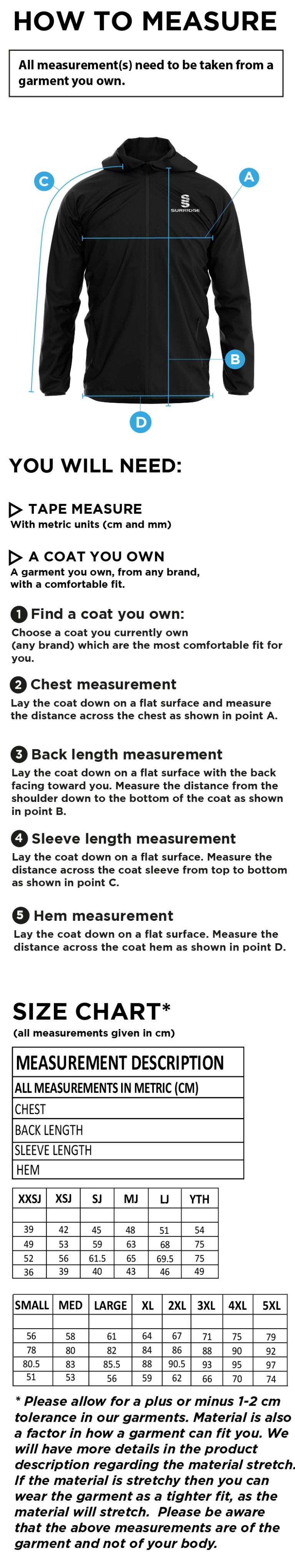 Unisex Track/Rain Jacket - Size Guide