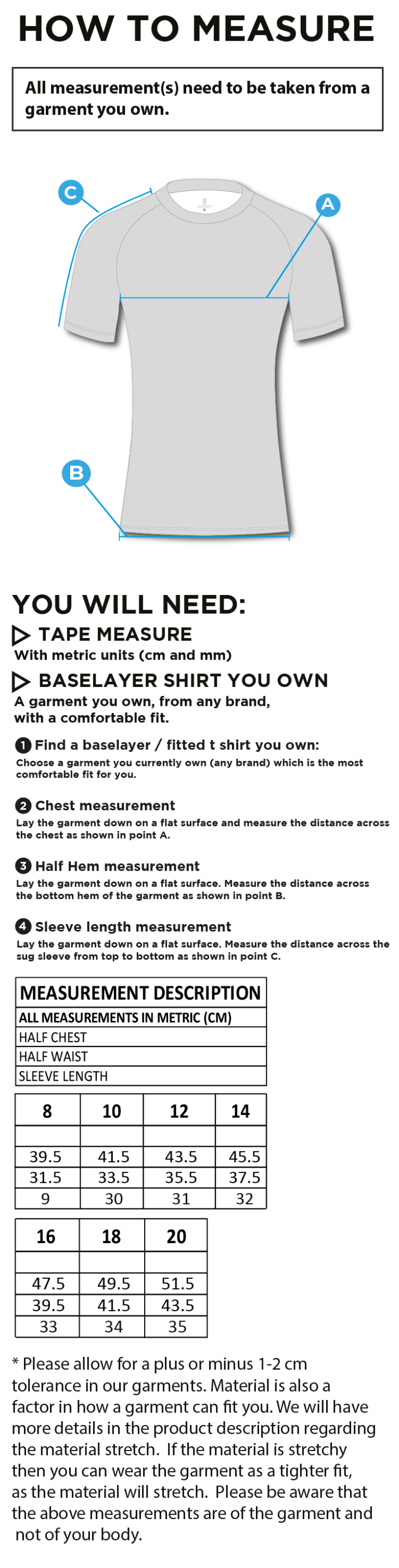 Ladies Short Sleeve Baselayer - Size Guide