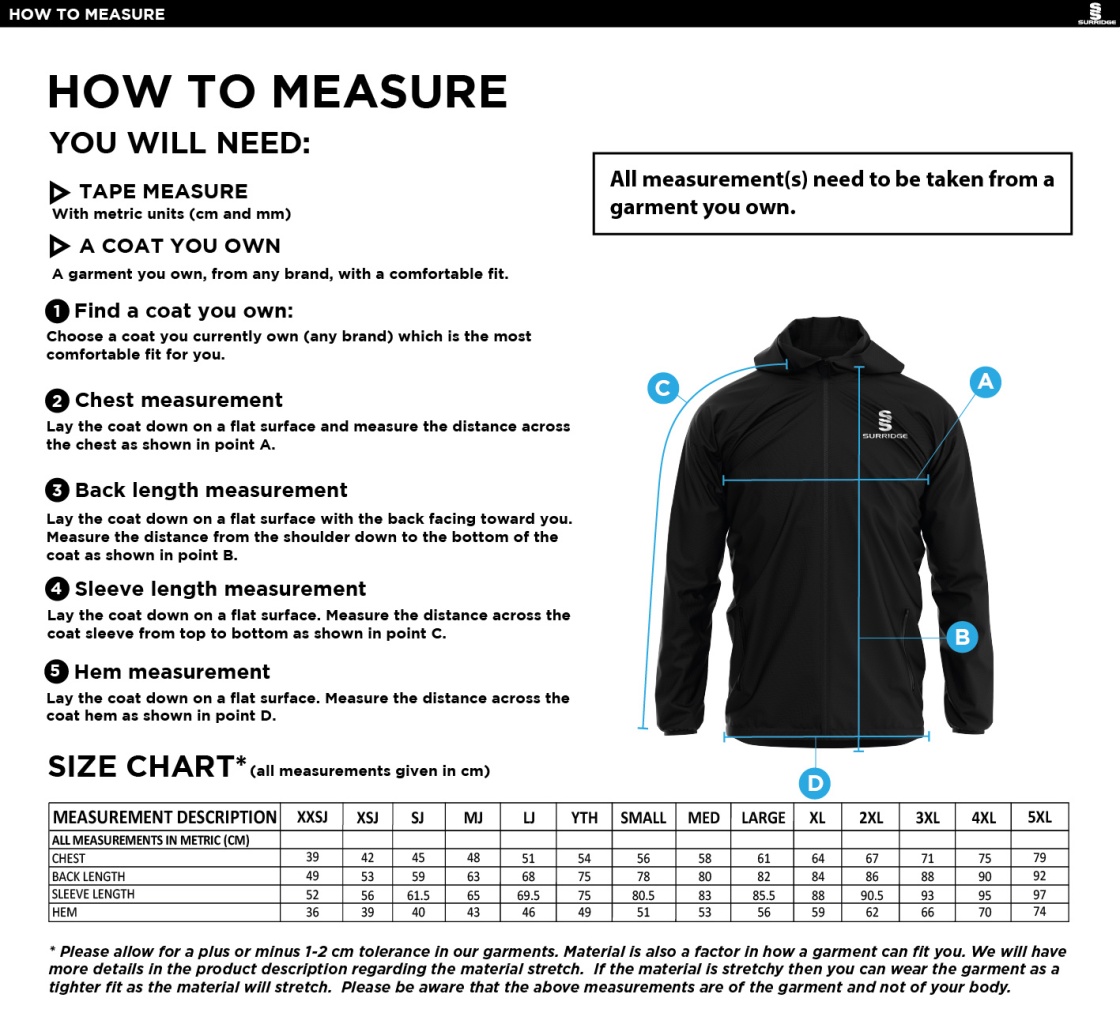Unisex Track/Rain Jacket - Size Guide