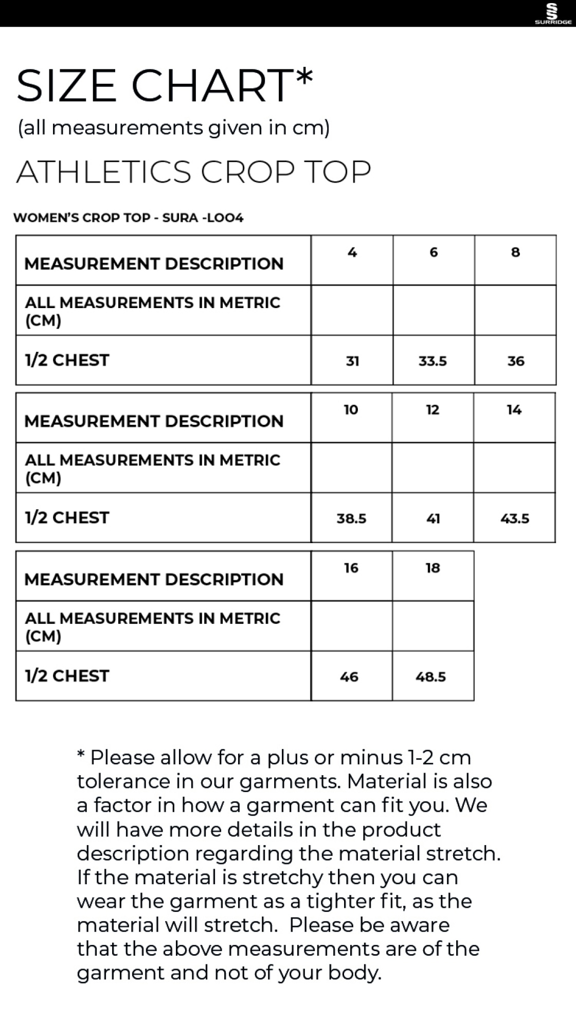 Ladies Short Length Crop Top - Size Guide